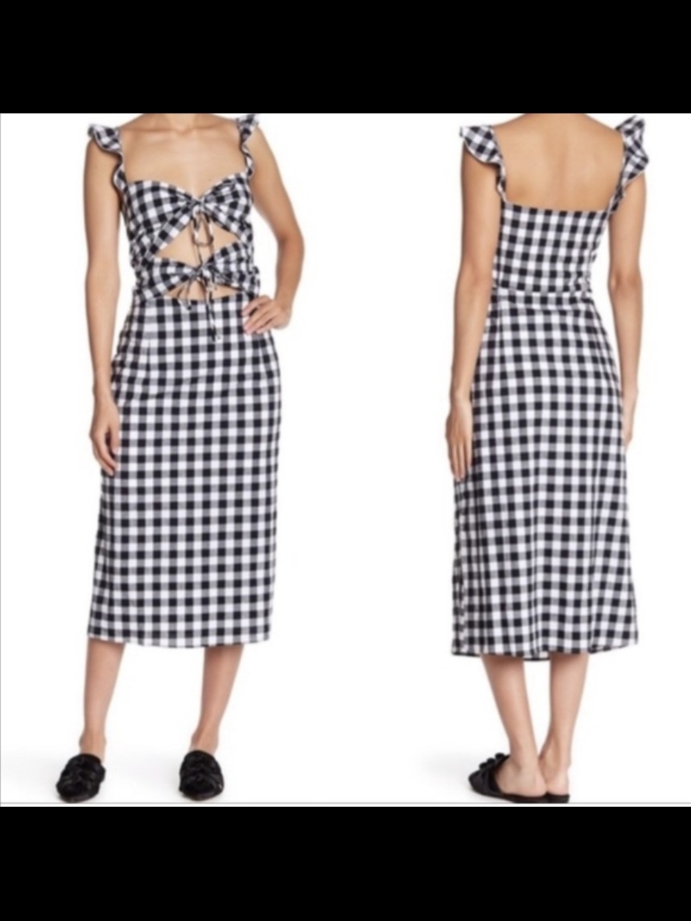 WAYF Black & White Gingham Tie-Front Bodice Midi Dress Ruffle Shoulder Straps- M